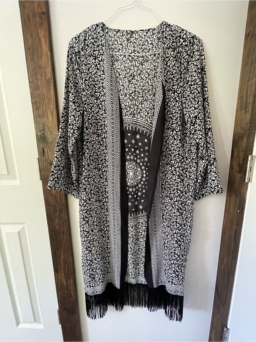 Black & White Printed Fringe Kimono Jacket